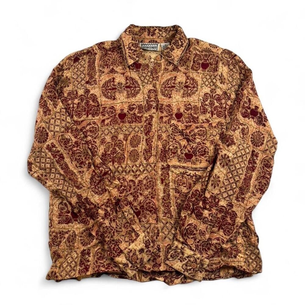 Vintage Cotton Express M Brown Red Paisley Button Up Shirt Boho Print